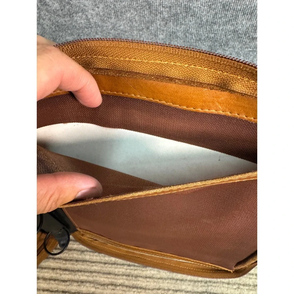 Vintage Tan Leather Zip Around Portfolio Binder Organizer Retractable Handle